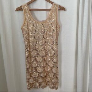 PAPILLON Stunning Sleeveless Sequin Gold & Beige Dress Sz Small